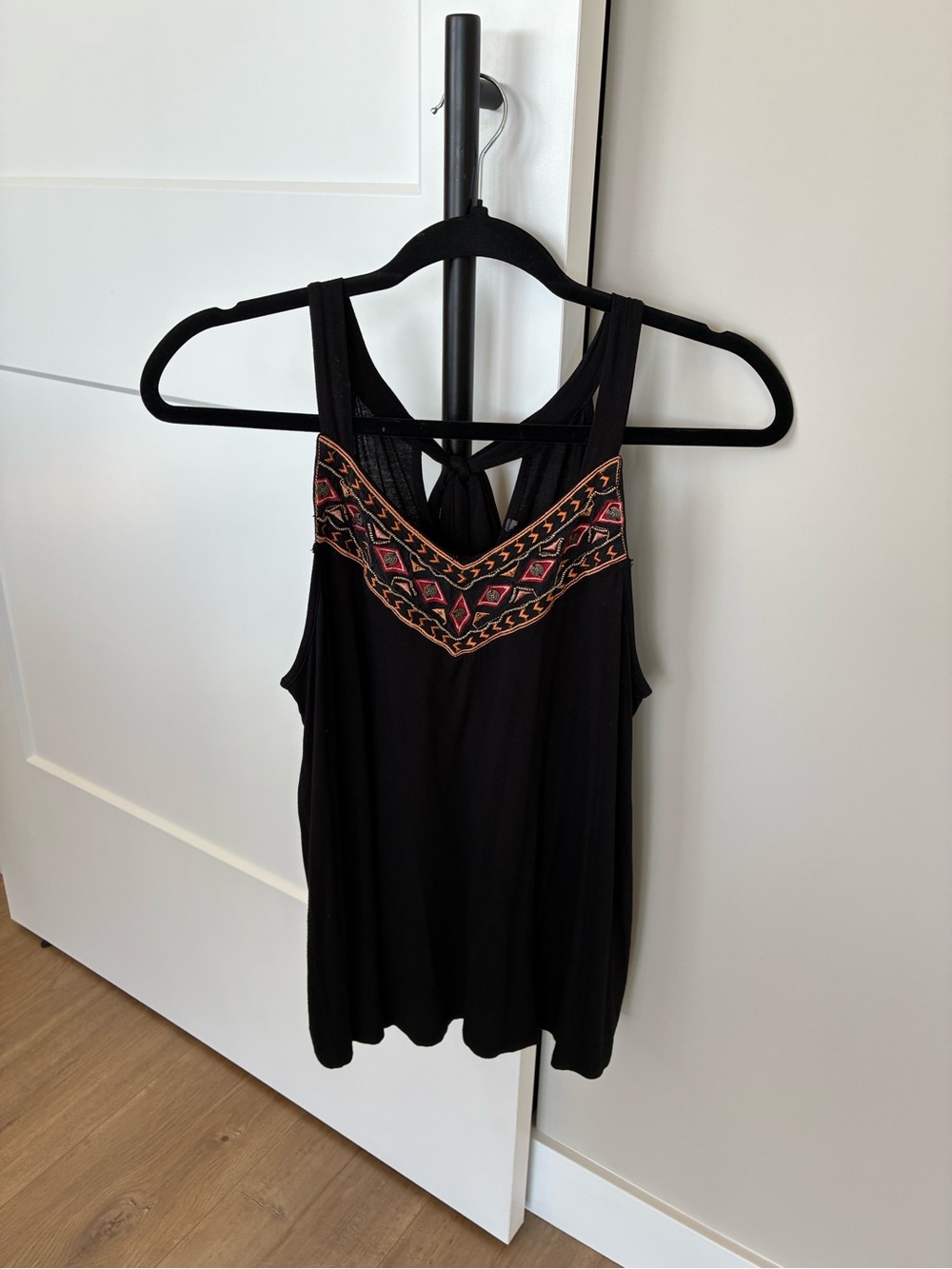 Suzy Shier Black Tank with Red and Orange Embroidery